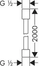 Technische Zeichnung eines Brauseschlauchs mit zylindrischen Muttern. Die Darstellung zeigt die Anschlüsse und Abmessungen, typisch für Produkte von AXOR.